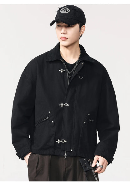 Men Washed Cotton Metal Buckle Streetwear Vintage Loose Casual Short Bomber Cargo Jacket Couple Spring Autumn Coat Outerwear.