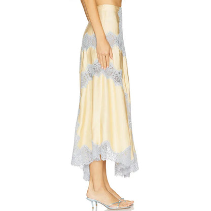 Elegant Sleeveless V Neck Vest High Waist A Line Skirt Fashion Lace Patchwork Skirt Set for Women Lady 2 Pcs Outfits Streetwear.