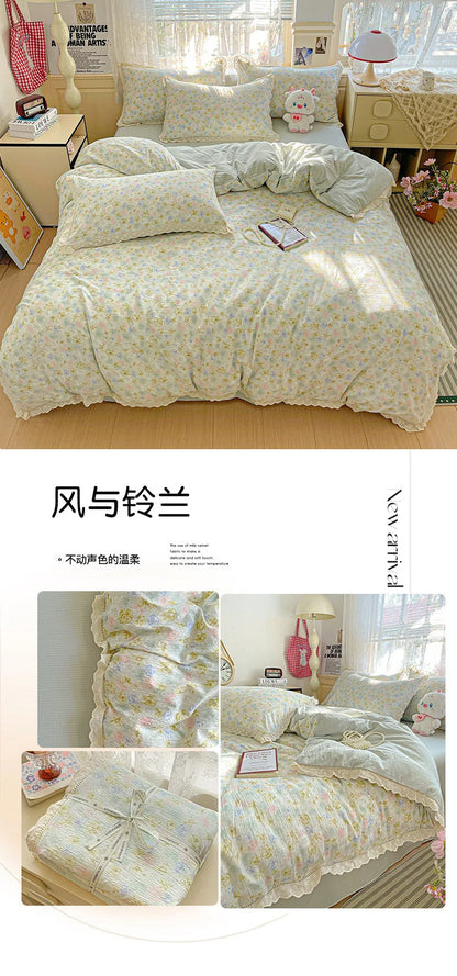 2025 new small fresh printing French lace lace double four-piece set bedding wrinkled yarn student three-piece set