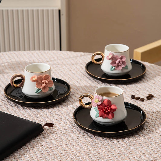 120ml Ceramic Coffee Cup Saucer Set Hand Pinched Flowers with Hand and Dish Milk Tea Porcelain Drinkware Tableware Gift.