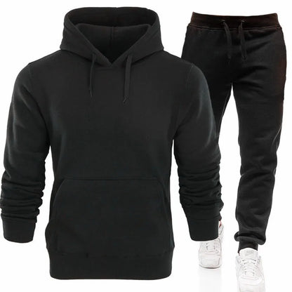 Men's Hooded Solid Color Pullover Set Two-Piece Sweater Sport Pants.