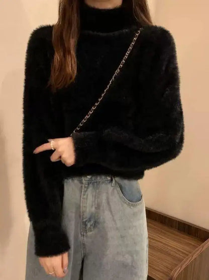 2025 frauen Gestrickte Tops Winter Imitieren Nerz Wolle Heißer Fleece Weibliche Rollkragen Elastische Beiläufige Pullover Weiche Warme Pullover