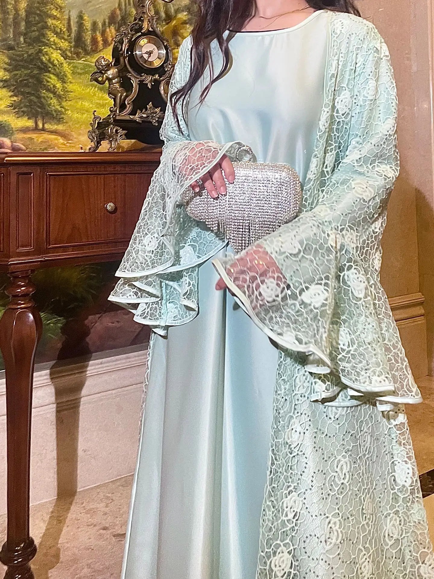 Muslim Women Abaya Dress 2 Piece Set Flare Sleeve Lace Sequin Satin Morocco Caftan Dress Musulman Ensembles Cadigan Outfit Suits.