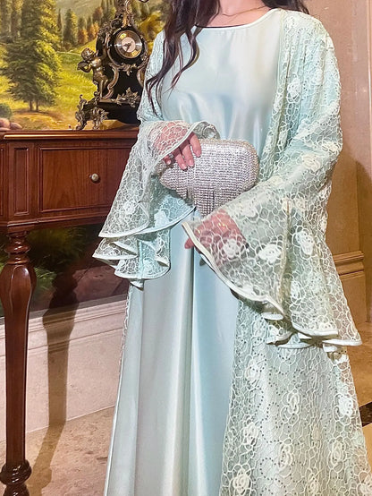 Muslim Women Abaya Dress 2 Piece Set Flare Sleeve Lace Sequin Satin Morocco Caftan Dress Musulman Ensembles Cadigan Outfit Suits.