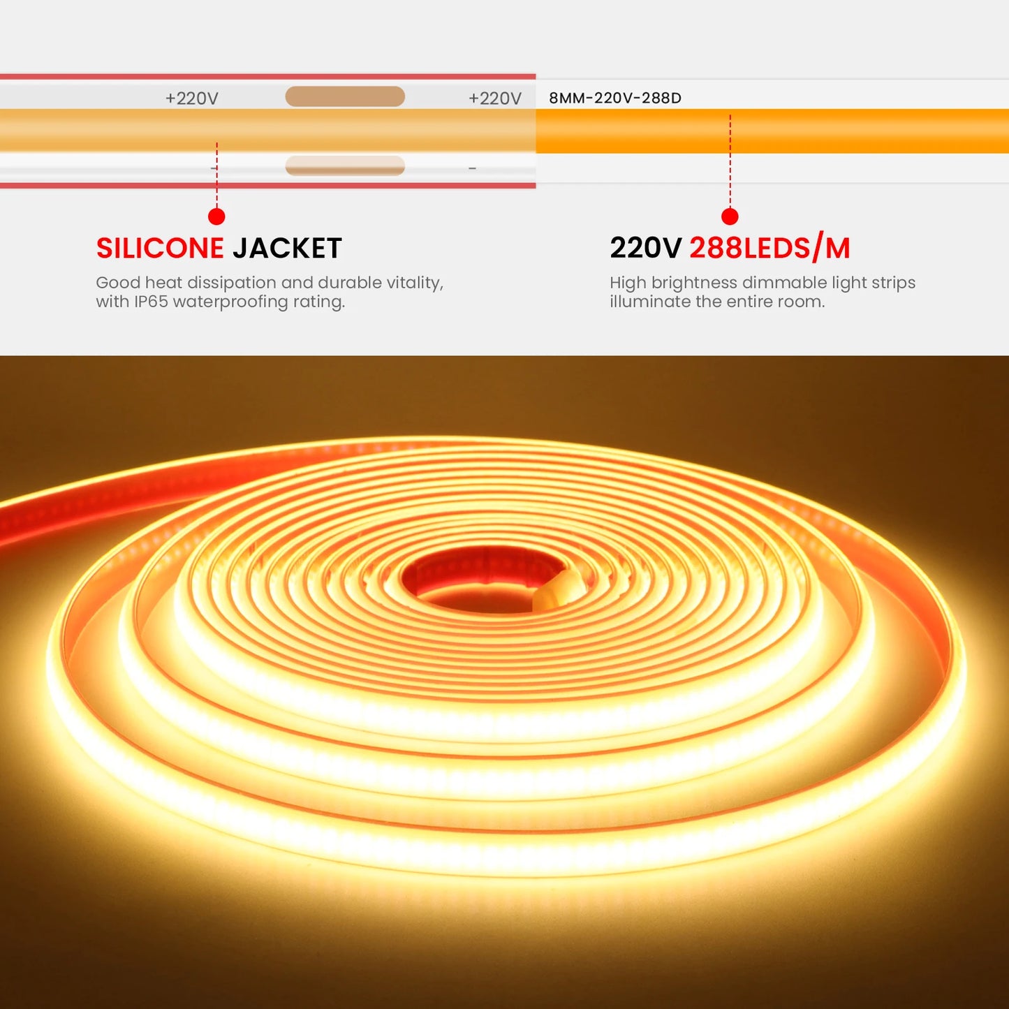 COB LED Strip Dimmable 220V 288LEDs/m Wall Touch Wifi Bluetooth Remote Control Power Kit Waterproof Silicone Tube Adhesive Tape.