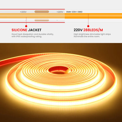 COB LED Strip Dimmable 220V 288LEDs/m Wall Touch Wifi Bluetooth Remote Control Power Kit Waterproof Silicone Tube Adhesive Tape.