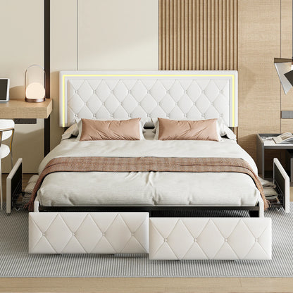 Lazyspace 4 Schubladen + RGB-LED-Kopfteil-Bettgestell, PU-Polsterbett, moderne Queen-Size-Einzel-Doppelbetten, Schlafzimmermöbel