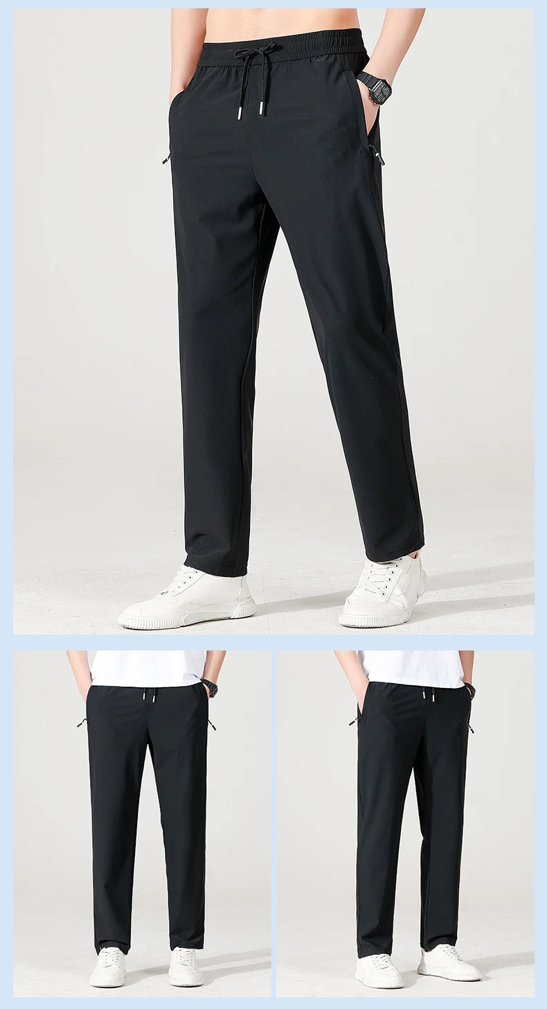 Ice Silk Men's trousers 2024 summer black-and-gray thin style business casual pants outdoor stretch breathable straight leg loos.