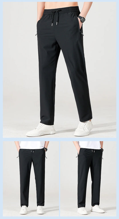 Ice Silk Men's trousers 2024 summer black-and-gray thin style business casual pants outdoor stretch breathable straight leg loos.