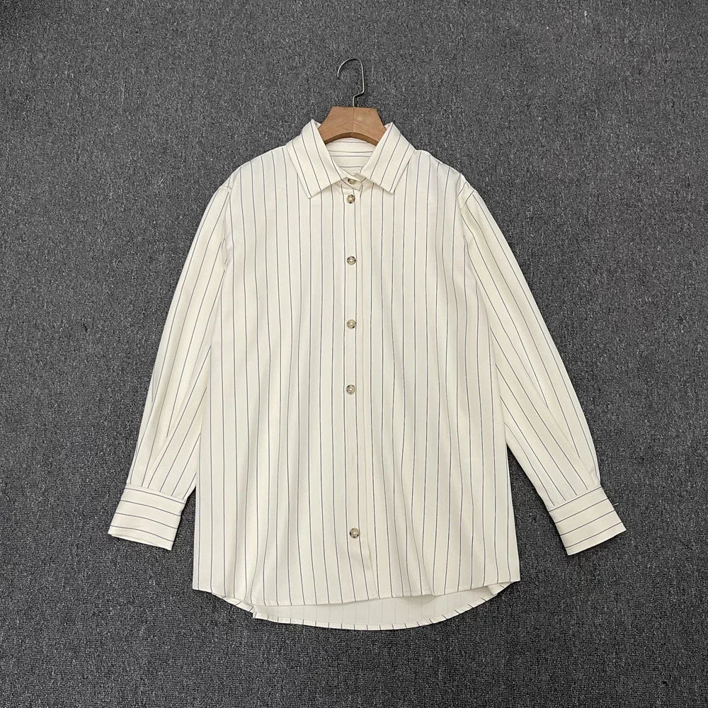 LUXURY Women's Vertical Striped Shirt, Short Front and Back, Short, Vertical Striped Shirt, Loose Long Sleeve, Commuter Style
