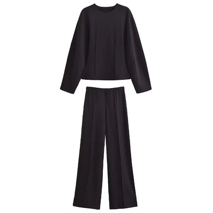 HH Women's 2-Piece Set Fashion Slimming Double-Sided Fabric Round Neck Long-Sleeve Top+Elegant Stretch Casual Wide Leg Pants