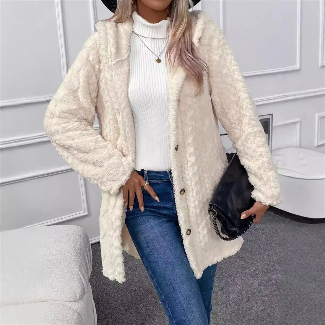 Women Cardigan Hoodie Jacket Autumn Winter Argyle Textured Pattern Hooded Irregular Hem Buttons Fleece Oversized Outerwear Coat.