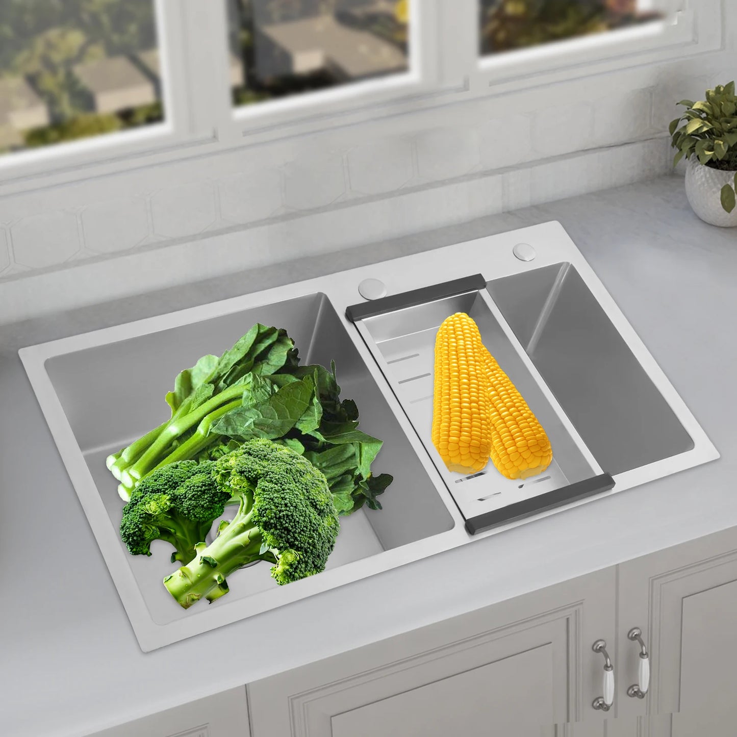 Bymaocar 78 * 43 * 21 cm Edelstahl-Küchenspüle, Doppelschüssel-Küchenspüle, Küchenspüle mit Abflusskorb