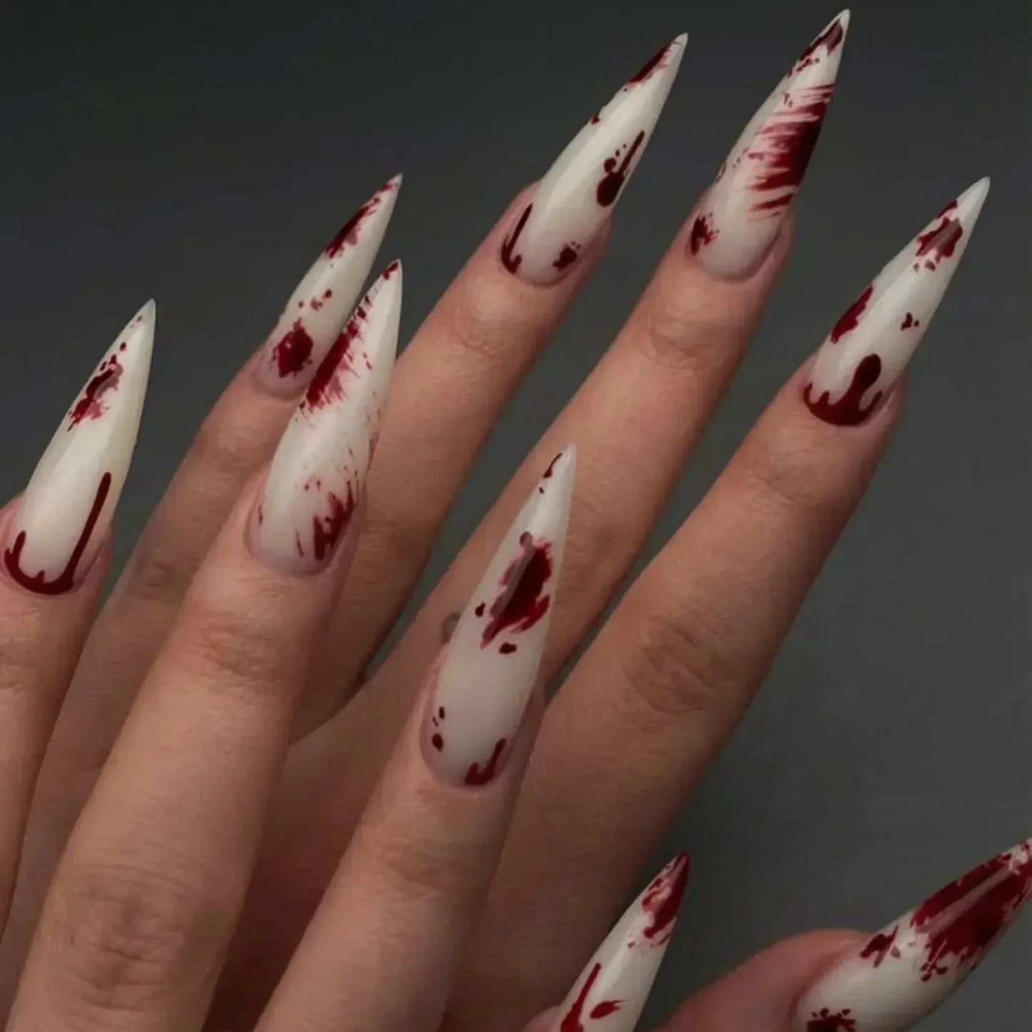 24pcs Blood Splatter Press-On Nails Set Almond-Shaped Long Length Glossy Finish Red and White Faux Nail Kit for Women Halloween.