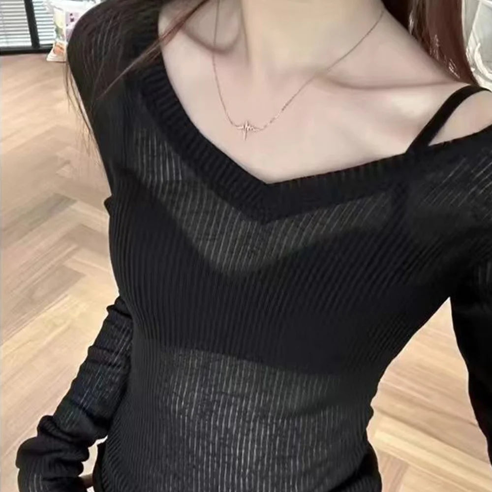 Frauen T-shirt Sexy V-ausschnitt Casual Langarm Slim Fit Shirts Dünne Transparente Gestrickte Top Weibliche Y2k Trendy Dünne Pullover