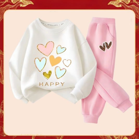 Spring Children Clothes Set Kid Girls Sweet Sweatshirts Pullover Top And Pants 2 Pieces Suit Heart Print Long Sleeve Tracksuits.