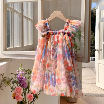 2023 sommer Kinder Kleidung Puff Sleeve Blumen Druck Kleid Für Mädchen Mesh Kinder Kleid für Mädchen