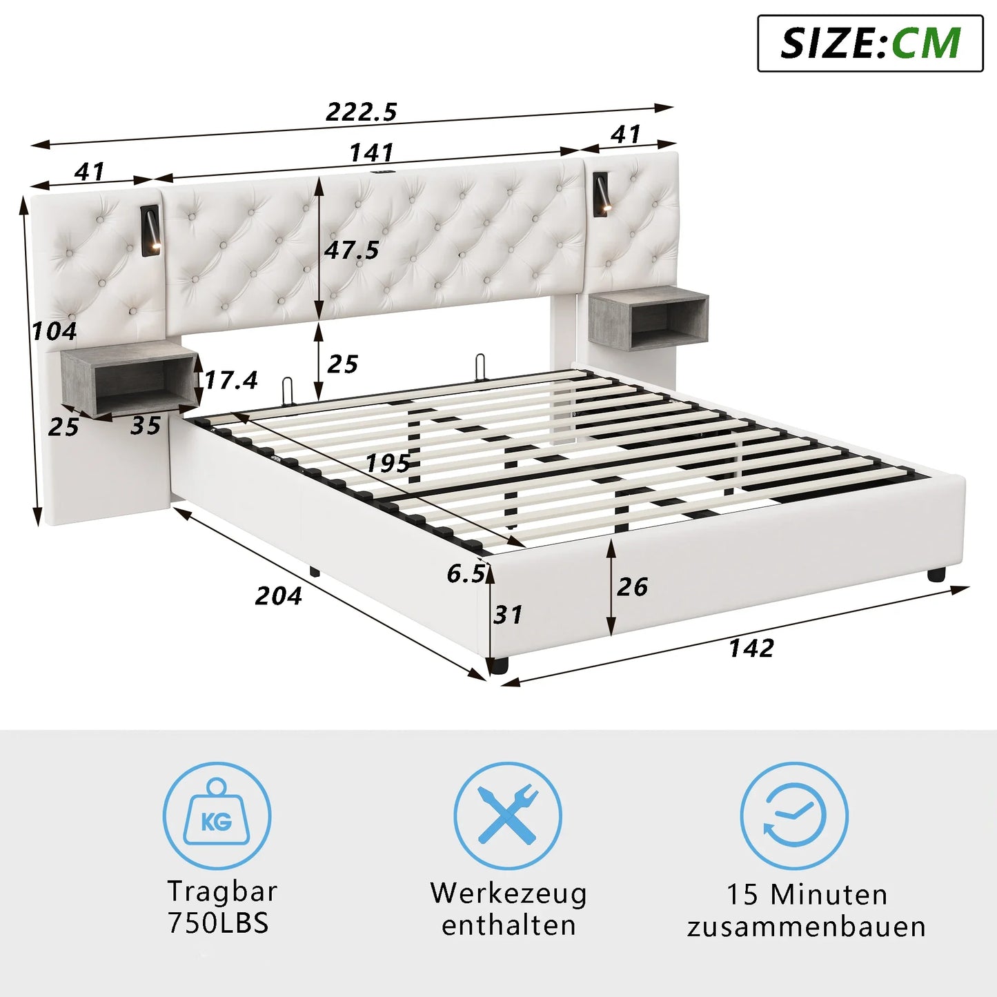 Rosahqnda Polsterbett, Doppelbett, 140/160 x 200 cm, mit 2 Nachttischen, mit LED und USB, hydraulisches Stauraumbett, Samtbeige