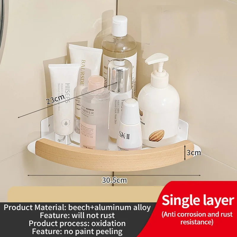 Badezimmer-Aufbewahrungsregal aus Holz und Aluminium, Aufbewahrungsregal für Badezimmer, perforationsfrei, Wandbehang, Waschtisch, WC, dreieckiges Eckregal