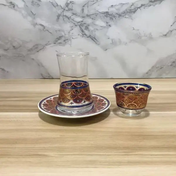 Turkish Tea Glasses Cups Set With Saucers Coffee Cup Romantic Exotic Glass Tea Cup Blue Gold Kitchen Decoration Drinking 3pcs.