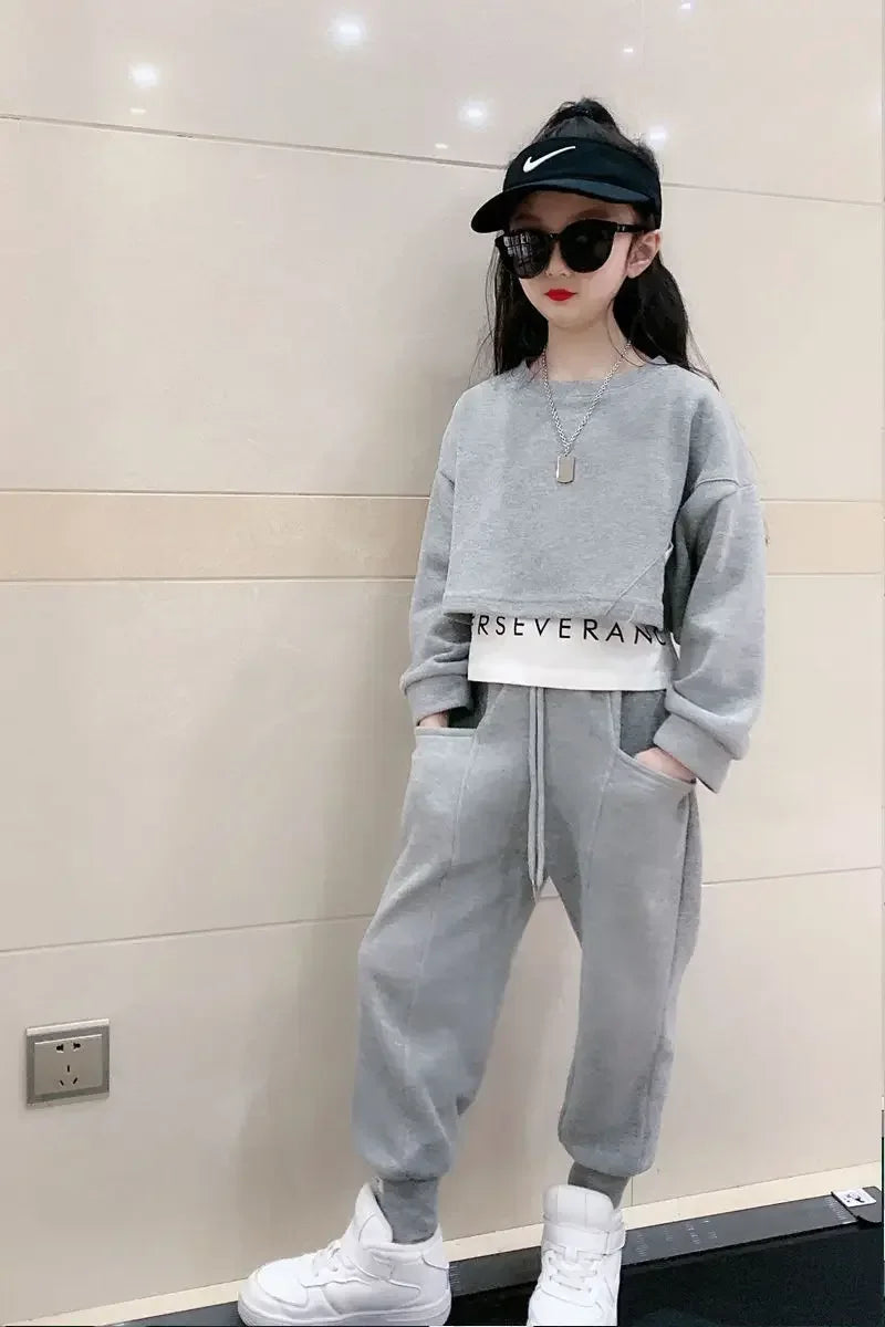 Girls Autumn Loungewear Suit Children\'s Casual Sweatshirt Pants Sets Two-Piece False 2 Pcs Top Leggings Tracksuits Kids Clothes.