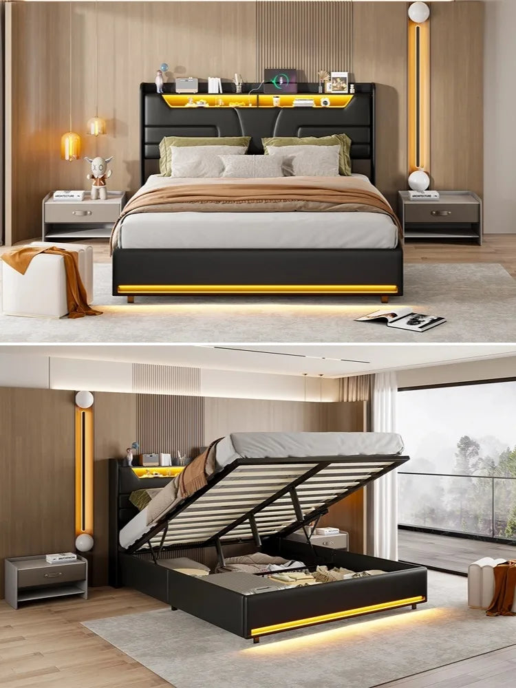 Creahappy Federkernmatratzenbett 160 x 200 cm, Doppelbett mit unabhängiger LED-Beleuchtung, stilvolles Polsterbett mit Stauraum