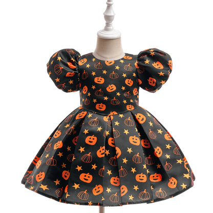 Kleinkind Halloween Kostüm Mädchen Cosplay Hexe Kürbis Skelett Druck Bowknot Kleid Kinder Festival Party Performance Kleidung