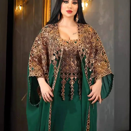 Neue muslimische Roben aus dem Nahen Osten, zweiteiliges Set, (Abaya), neue Mode für Damen, bestickte Spitze, Chiffon, muslimische Roben, Dubai und Türkei