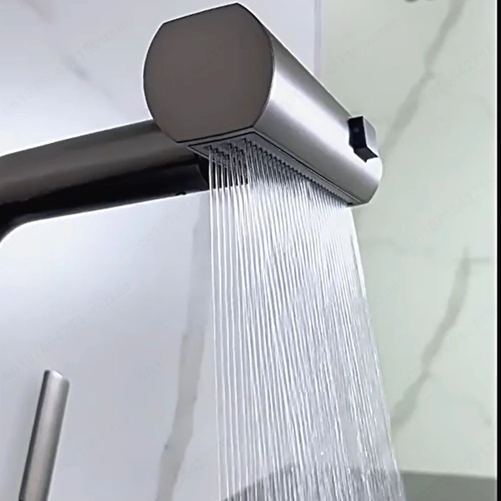 Waterfall Pull Out Kitchen Faucet White Intelligent Digital Display Cold Hot Mixer Taps Rotatable Sink Lifting Basin Faucet