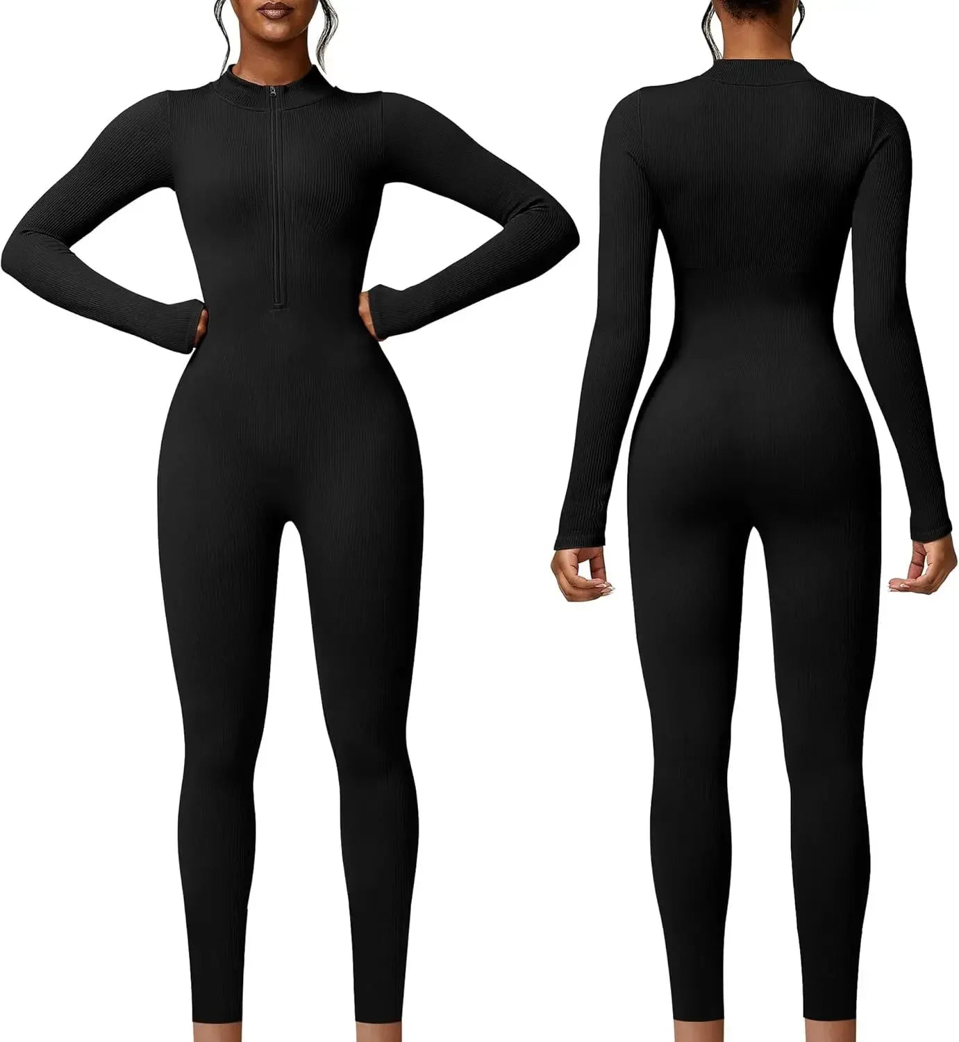 Seamless Long Sleeve Yoga Suit Waist-Fitted Shaping Trousers Casual Sports One-Piece Zippered Fitness Wear.