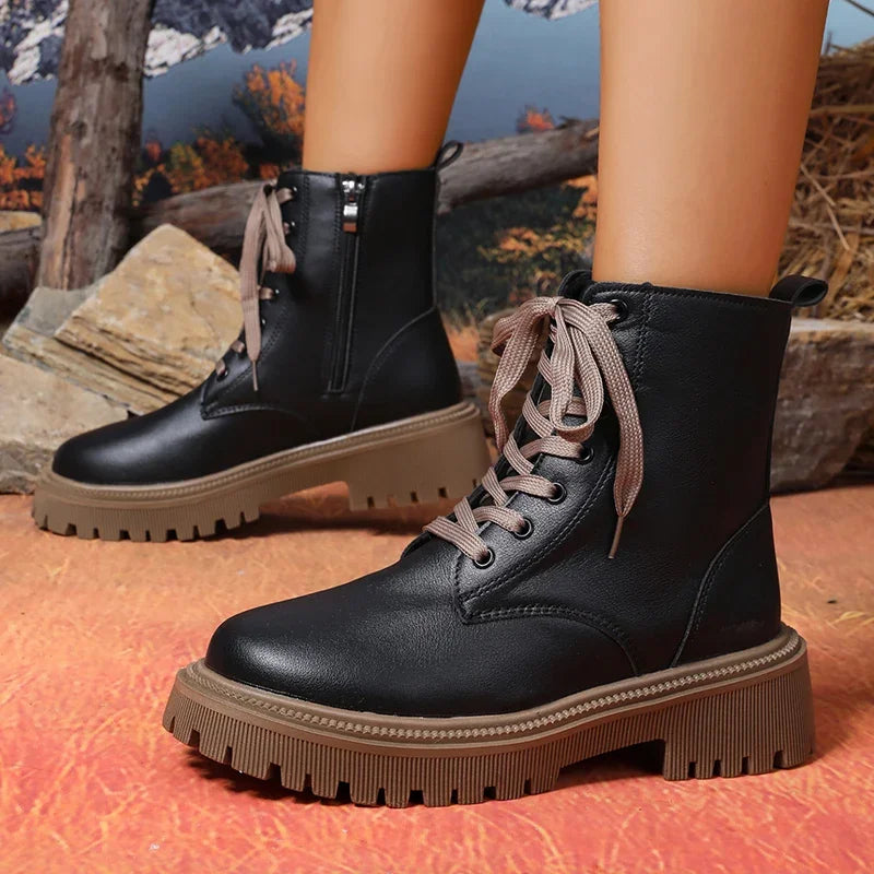 Autumn Winter Short Plush Ankle Boots Women Fashion Lace Up Pu Leather Platform Boots Woman Thick Sole Motorcycle Botas Mujer 42.