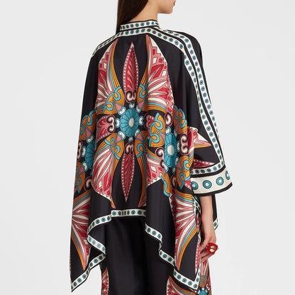 Retro Printed Loose Indie Folk Outfit Women Spring Stand Collar Button Irregular Top+Pant Set Fall Batwing Long Sleeve 2pcs Suit