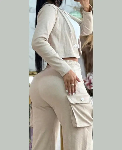 Women's Spring Summer New Fashionable Solid Color Printed Sexy Waist Short Top Casual Pants Set For Women.