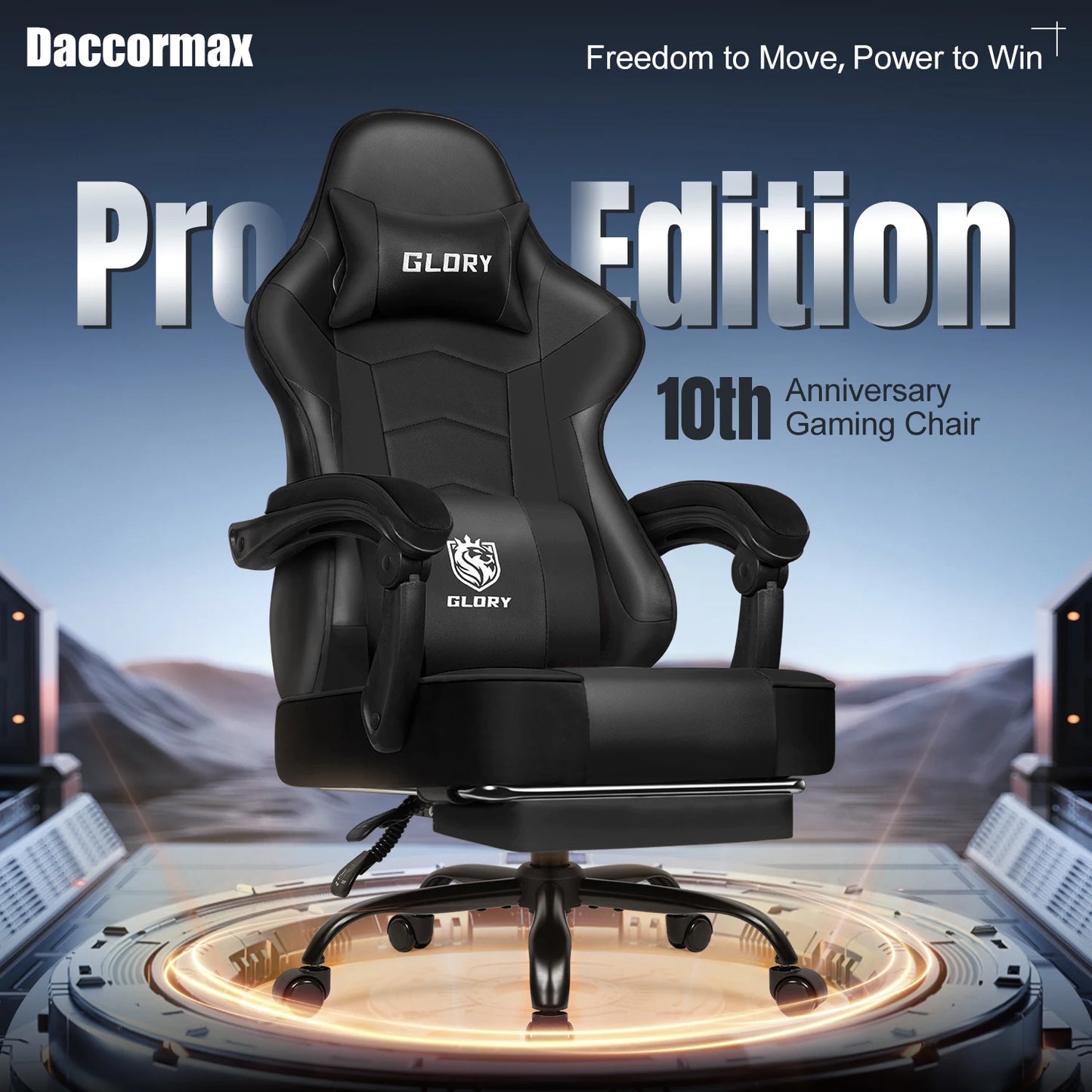 Daccormax Ergonomischer Gaming-Stuhl mit verstellbarer Lordosenstütze und Kopfstütze, Design mit hoher Rückenlehne + faltbarer Fußstütze für PC-Gamer