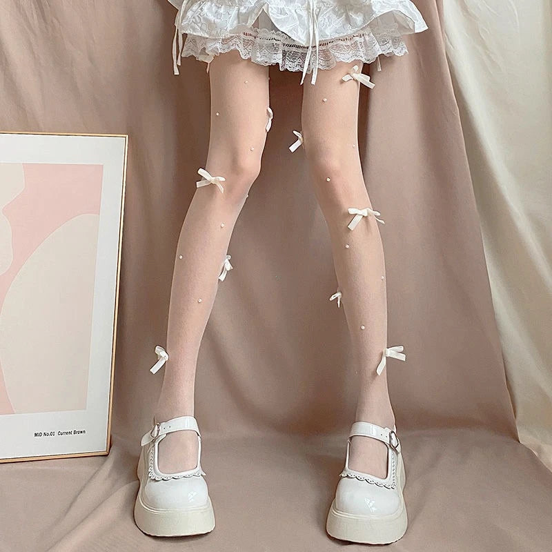 Lolita Pink Velvet Bow Embroidery Pearl Tights Pantyhose Fashion Women Tights JK Lolita Styles Sweet Girls Kawaii Cute Stocking.