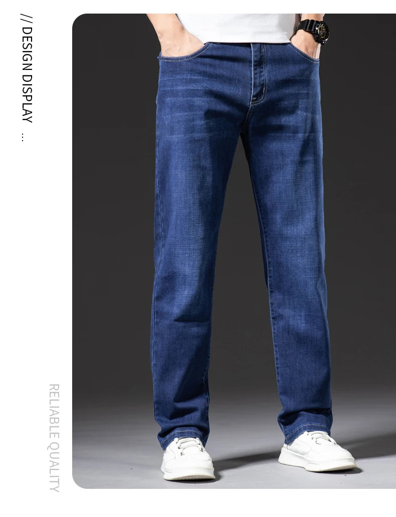 Große Größe 40, 42, 44, 46, lockere, gerade Jeans für Herren, Herbst, neue Business-Casual-Stretchhose, klassische blaue Denim-Hose für Herren.