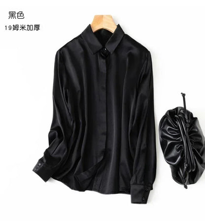 Tajiyane Damen-Langarmshirt aus 93 % Maulbeerseide, 7 % Elasthan, 19 Momme, Satin-Seidenknöpfe, Oberteil, Bluse, Büroarbeit, Chemise Femme