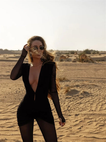 Mozision Deep V Neck Long Sleeve Sexy Jumpsuits Women Autumn Winter Patchwork See Through Ruched Club Party Jumpsuit Female