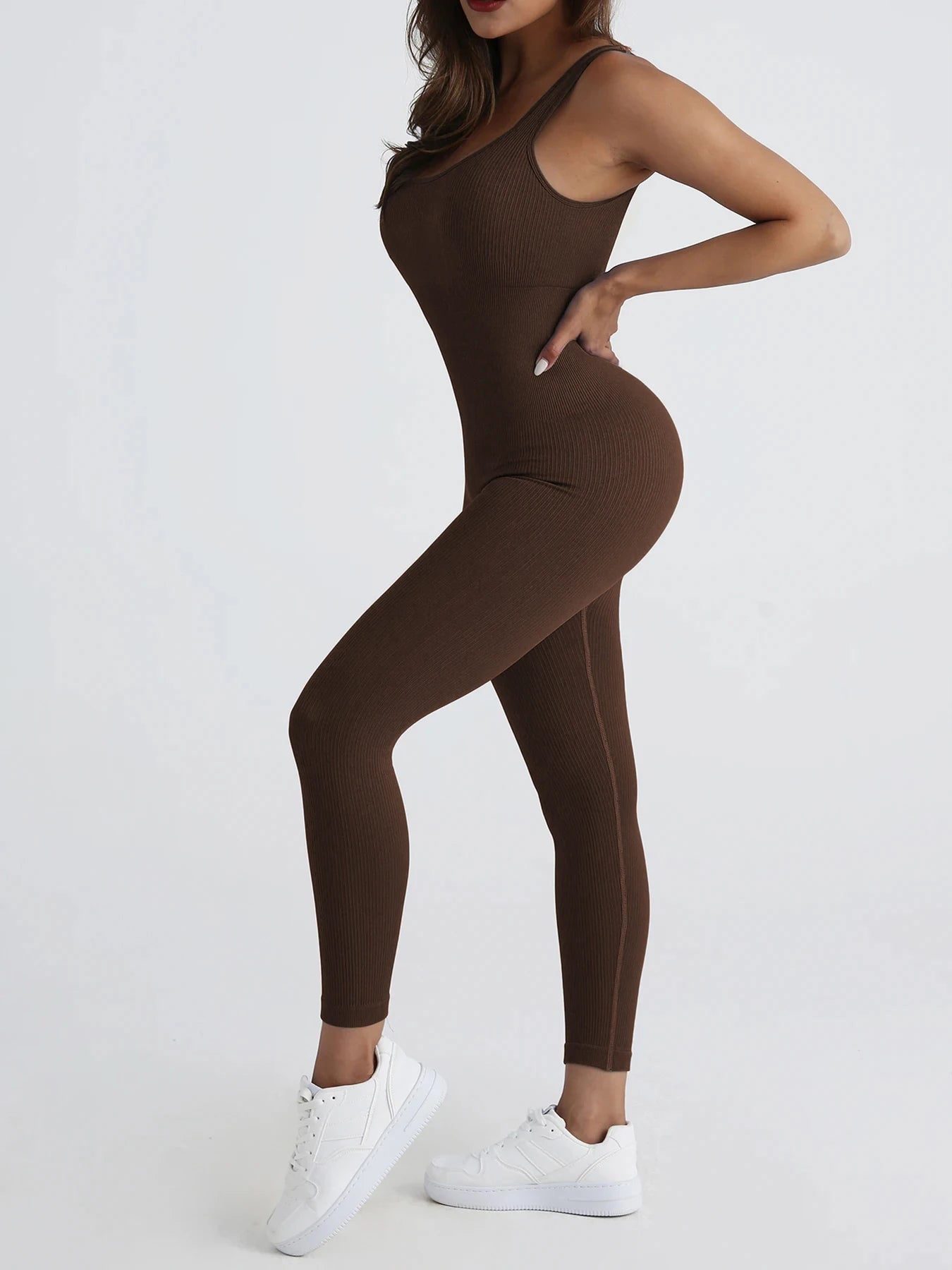 Women's jumpsuit yoga ribbed bodysuit seamless square neck leggings for sports and fitness.
