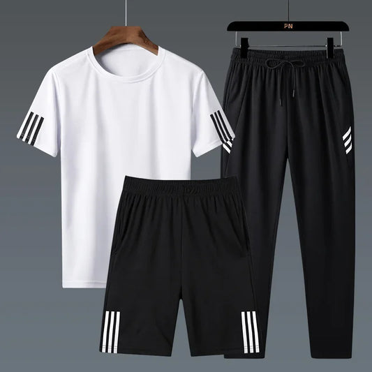 Summer Casual Sports Men's Short Sleeve T-Shirt plus Size Three-Piece Set New Style Long Pants Comfortable Breathable Clothing.