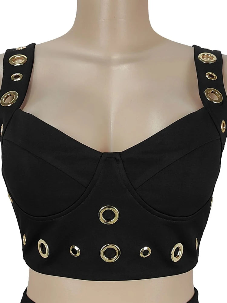 Kricesseen Gorgeous Metal Eyelet Wide Legs Pants Set 2 Piece Outfits Stylish Bustier Top And Holes Trousers Suits Set Clubwear.