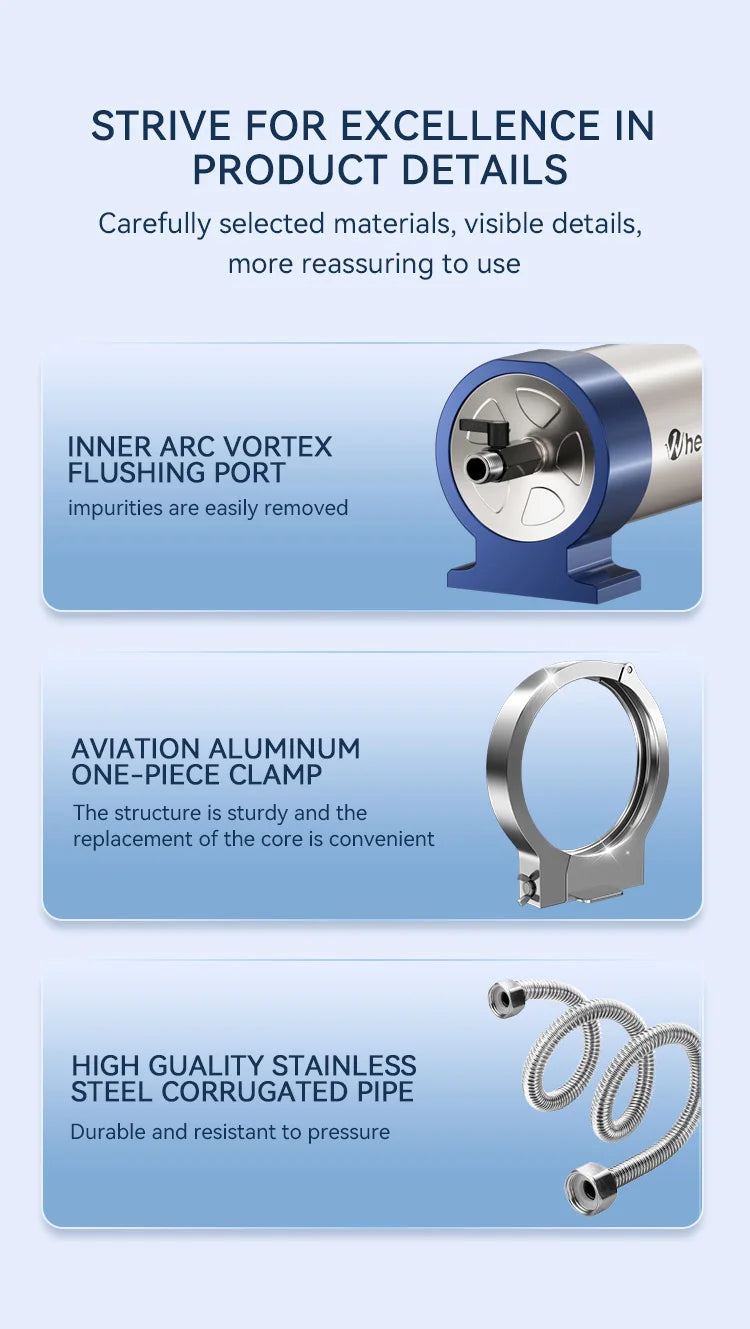 Wheelton whole house high flow water filter purifier 1000L-3000L SUS304 mineral water filter Reusable 0.01um PVDF for 5 years