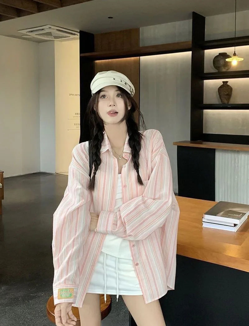 Pink Striped Shirt Women Korean Style Loose Long Sleeved Button Up Blouse Ladies Autumn New Wild Streetwear Casual Shirts 2025.