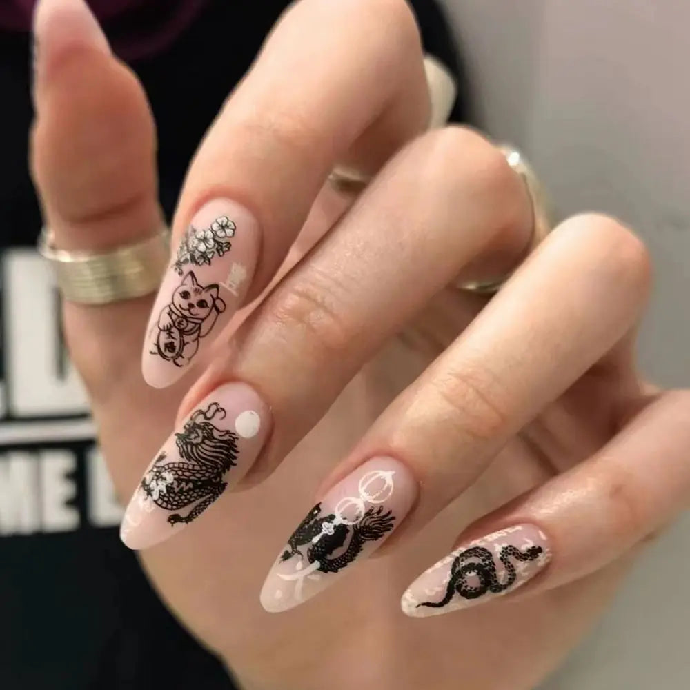 24pcs/set Long Stiletto Fake Nails Punk Snake Pattern Black White Matte False Nails Artificial Full Nail Tips Manicure Tools