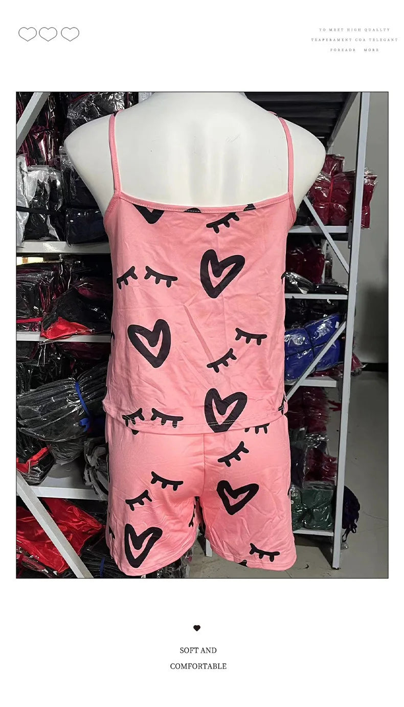Seidiges Satin-Pyjama-Set für Damen, süßer Herzdruck, sexy Spaghettiträger-Tanktops und Shorts, Heimtextilien, weibliche Nachtwäsche.