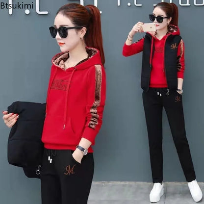 Winter 3 Pcs/Set Women Waistcoat Top Pants Set Letter Embroidery Ladies Winter Tracksuit Color Block Three-piece Sweatpants Set.
