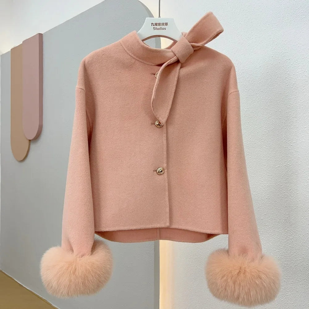 Woll mantel Damen neue Winter Natur fuchs Pelz Manschette Outwear Damen mantel Kaschmir Wolle Wolle Frauen Luxus jacke.
