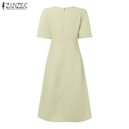 ZANZEA Elegante Büro Frauen Kleider Sommer Stilvolle Solide Party Arbeit Kleid Mode Kurzarm Plissee Vestidos Midi Sommerkleid