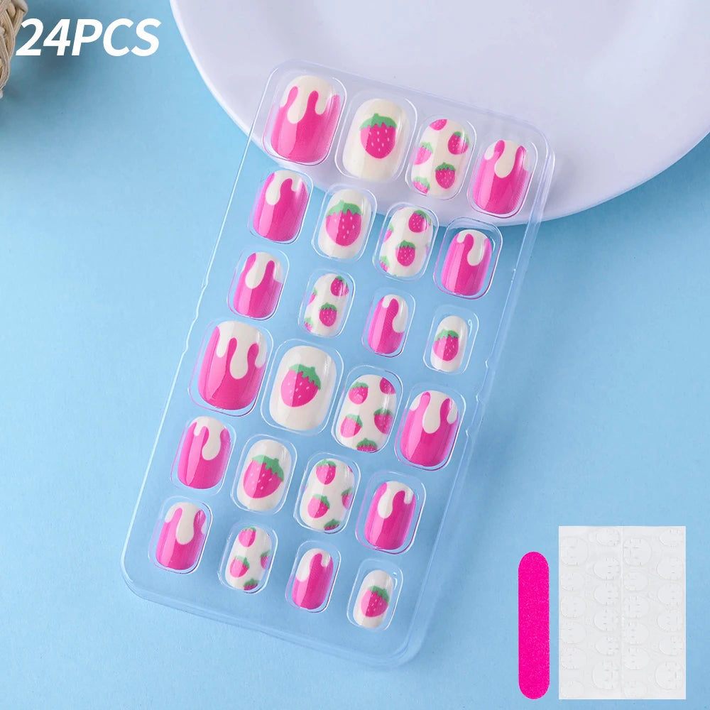 24Pcs/box Kids nails for Girl Cartoon Pattern False Nail Cute Child Fake Nails Tips Kawaii Acrylic Artificial Press on Nail+Tool
