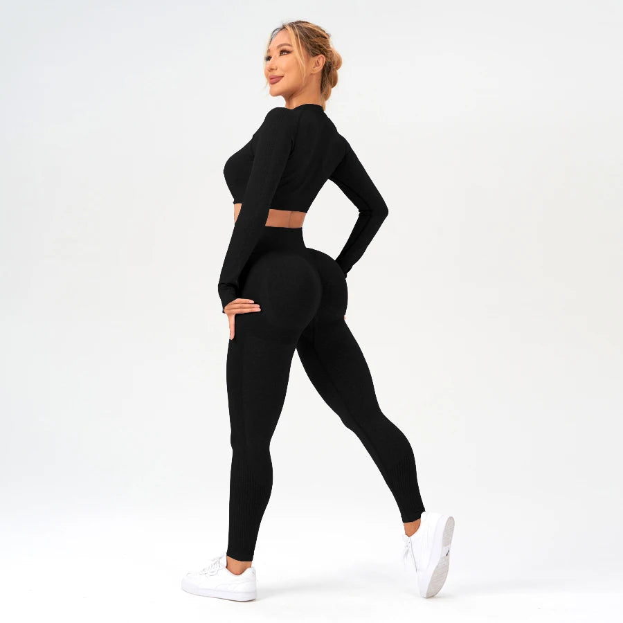 2 pcs/set Long Sleeve Yoga Leggings Set Sportswear Woman Gym Seamless Workout Outfit Yoga Clothes Womens Tracksuit Activewear.
